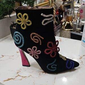 Betsey Johnson Black Ankle Boots with Multicolor Embroidery